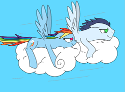 Size: 975x720 | Tagged: safe, artist:dasher666, artist:rainbow-deathblow, derpibooru import, edit, rainbow dash, soarin', pegasus, pony, g4, cloud, female, flying, male, mare, shipping, soarindash, stallion, straight