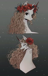 Size: 2236x3508 | Tagged: safe, artist:fridagloria, derpibooru import, oc, oc only, pony, unicorn, bust, eyes closed, female, floral head wreath, flower, flower in hair, gradient background, high res, looking at you, mare, open mouth, open smile, smiling, snow, snowfall, solo