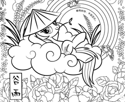 Size: 7125x5819 | Tagged: safe, derpibooru import, rainbow dash, butterfly, pegasus, pony, g4, black and white, chinese, cloud, coloring book, coloring page, female, flower, food, grayscale, hat, mare, monochrome, official, rainbow, rose, scan, solo, straw in mouth, text, wheat