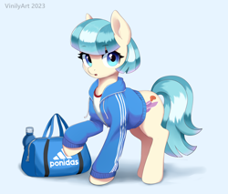 Size: 2172x1852 | Tagged: safe, artist:vinilyart, derpibooru import, coco pommel, earth pony, pony, g4, adidas, bag, bottle, clothes, female, jacket, looking at you, mare, open clothes, open jacket, solo, tracksuit