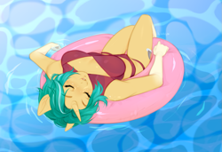 Size: 1171x802 | Tagged: safe, artist:bylullabysoft, derpibooru import, oc, oc:depth chaser, anthro, unicorn, breasts, cleavage, clothes, coat markings, eyebrows, eyelashes, eyes closed, floating, futa, green hair, horn, inner tube, intersex, legs together, orange coat, pool toy, relaxed, relaxing, short hair, sleeping, socks (coat marking), solo, swimsuit, unicorn horn, water