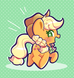 Size: 1863x1959 | Tagged: safe, artist:typhwosion, derpibooru import, applejack, earth pony, pony, g4, blushing, braid, braided pigtails, chibi, open mouth, open smile, patterned background, pigtails, smiling, solo, starry eyes, wingding eyes