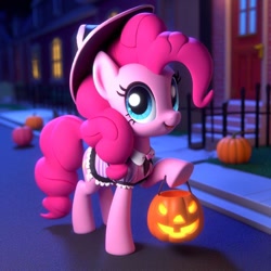 Size: 1024x1024 | Tagged: safe, ai content, derpibooru import, machine learning generated, pinkie pie, earth pony, clothes, costume, female, halloween, halloween costume, holiday, prompter:pinkiepiepics, pumpkin, pumpkin bucket, solo