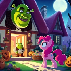 Size: 1024x1024 | Tagged: safe, ai content, derpibooru import, machine learning generated, pinkie pie, earth pony, ogre, pony, basket, dreamworks, female, halloween, holiday, house, male, night, prompter:pinkiepiepics, pumpkin, shrek, trick or treat