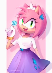 Size: 1414x2000 | Tagged: safe, artist:ritadrawings, derpibooru import, rarity, anthro, hedgehog, equestria girls, amy rose, candy, clothes, clothes swap, cosplay, costume, crossover, cute, food, gloves, hairband, lollipop, no pony, open mouth, rarity's clothes, shirt, skirt, solo, sonic the hedgehog (series)