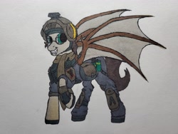 Size: 4032x3024 | Tagged: safe, artist:rustlerustle, derpibooru import, oc, oc only, oc:cornerstone, bat pony, photo, simple background, solo, titanfall, traditional art, white background