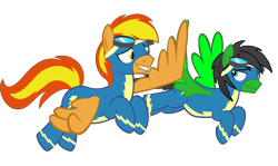 Size: 2867x1707 | Tagged: safe, artist:star-armour95, derpibooru import, oc, oc only, oc:firey ratchet, oc:star armour, pegasus, clothes, flying, male, simple background, transparent background, uniform, wings, wonderbolts, wonderbolts uniform