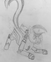 Size: 1279x1545 | Tagged: safe, artist:resu, derpibooru import, oc, oc:blackjack, cyborg, pony, unicorn, fallout equestria, fallout equestria: project horizons, cybernetic legs, engine, fanfic art, sketch, solo, traditional art