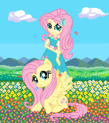 Size: 750x850 | Tagged: safe, artist:gonicfanfic, derpibooru import, fluttershy, butterfly, equestria girls, flower, looking at you, pixel art, self paradox, self ponidox, smiling, smiling at you