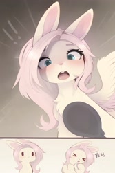 Size: 2500x3735 | Tagged: safe, artist:magnaluna, derpibooru import, fluttershy, hybrid, original species, rabbit, animal, blushing, bunnified, bunnisus, bunny ears, bunnyshy, cute, emanata, exclamation point, female, happy, looking at you, mirror, one wing out, open mouth, rabbit pony, solo, species swap, surprised, white coat, wings, yes