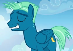 Size: 1257x883 | Tagged: safe, derpibooru import, screencap, sky stinger, pegasus, pony, g4, top bolt, cloud, eyes closed, grin, male, shit eating grin, smiling, smug, solo, stallion