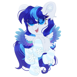 Size: 2500x2500 | Tagged: safe, artist:medkit, derpibooru import, oc, oc only, oc:snowflake flower, pegasus, pony, accessory, blue eyes, blue mane, blue tail, cel shading, chest fluff, chibi, clothes, colored eyebrows, colored eyelashes, colored lineart, colored pupils, colored wings, ear fluff, ears, ears up, eye clipping through hair, eyebrows, eyebrows visible through hair, eyes open, feathered wings, female, fringe, full body, gradient wings, high res, lightly watermarked, long mane, long tail, looking at something, mare, multicolored wings, open mouth, open smile, paint tool sai 2, pegasus oc, shading, shoulder fluff, signature, simple background, smiling, snow, snowflake, socks, solo, spread wings, striped socks, tail, teeth, tongue, tongue out, two toned mane, two toned tail, wall of tags, watermark, white background, wingding eyes, wings