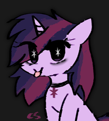 Size: 878x970 | Tagged: safe, artist:cutiesparke, derpibooru import, twilight sparkle, unicorn twilight, pony, unicorn, g4, :p, alternate hairstyle, bags under eyes, choker, collar, dark background, eye clipping through hair, female, looking at you, mane swap, sitting, tongue, tongue out, wingding eyes