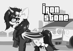 Size: 1700x1200 | Tagged: safe, artist:hovawant, derpibooru import, oc, oc only, oc:snowe, bat pony, concave belly, goth, gtr car, ironstone, nyc background, side view, snowe