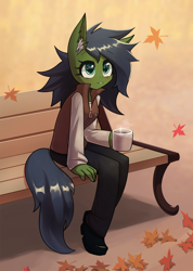 Size: 1000x1407 | Tagged: safe, artist:howxu, derpibooru import, oc, oc only, oc:gray hat, anthro, anthro oc, bench, commission, leaves, mug, solo