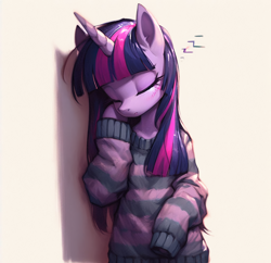 Size: 2048x1985 | Tagged: safe, ai content, derpibooru import, generator:bing image creator, machine learning generated, twilight sparkle, semi-anthro, unicorn, g4, arm hooves, blushing, clothes, eyes closed, leaning, leaning on wall, onomatopoeia, sleeping, solo, sound effects, sweater, wall, zzz