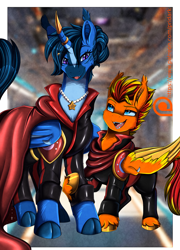 Size: 2451x3409 | Tagged: safe, artist:pridark, derpibooru import, oc, oc:fireheart(fire), oc:queen lunaris, alicorn, bat pony, bat pony alicorn, bat pony oc, bat wings, cape, clothes, fireheart76's latex suit design, horn, latex, latex suit, prisoners of the moon, rubber, rubber suit, wings