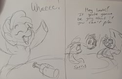 Size: 2048x1326 | Tagged: safe, artist:pony quarantine, derpibooru import, oc, oc only, oc:dyx, alicorn, pony, 2 panel comic, bottle, comic, dialogue, drawn together, female, filly, foal, grayscale, monochrome, pencil drawing, spin the bottle, traditional art, trio