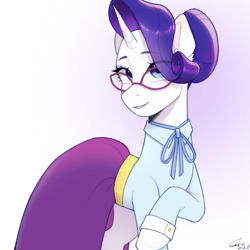 Size: 2048x2048 | Tagged: safe, artist:xiaowu07, derpibooru import, rarity, pony, unicorn, g4, school daze, clothes, dress, eyeshadow, female, glasses, gradient background, looking at you, makeup, mare, schoolmarm rarity, smiling, solo