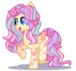 Size: 1550x1440 | Tagged: safe, artist:mint-light, artist:skyfallfrost, derpibooru import, oc, oc only, butterfly, pegasus, pony, base used, bipedal, blue eyes, colored pupils, colored wings, colored wingtips, female, folded wings, lightly watermarked, mare, not fluttershy, open mouth, raised hoof, raised leg, simple background, smiling, solo, transparent background, watermark, wings