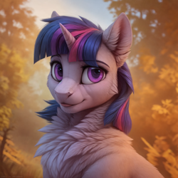 Size: 1632x1632 | Tagged: safe, ai content, derpibooru exclusive, derpibooru import, generator:queasyfluff, machine learning generated, twilight sparkle, pony, unicorn, g4, bust, chest fluff, fluffy, looking at you, portrait, prompter:aiponyanon, solo, tongue, tongue out