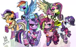 Size: 1920x1200 | Tagged: safe, artist:jully-park, derpibooru import, applejack, fluttershy, pinkie pie, rainbow dash, rarity, twilight sparkle, twilight sparkle (alicorn), alicorn, earth pony, pegasus, pony, unicorn, g4, edgy, full body, gameloft, gameloft interpretation, goth, gothic applejack, gothic fluttershy, gothic pinkie, gothic rainbow dash, gothic rarity, gothic twilight, mane six, rainbow goth, reflection, simple background, white background