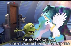 Size: 708x465 | Tagged: safe, derpibooru import, edit, edited screencap, screencap, princess celestia, g4, crossover, james p. sullivan, meme, mike wazowski, monsters inc., text, trio