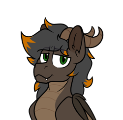 Size: 3172x3104 | Tagged: safe, artist:drheartdoodles, derpibooru import, oc, oc only, oc:smokey ore, dracony, dragon, hybrid, bust, fangs, green eyes, horns, looking at you, male, simple background, smiling, smiling at you, smug, solo, transparent background, wings