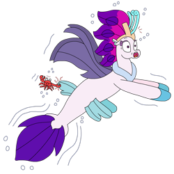 Size: 2429x2430 | Tagged: safe, artist:supahdonarudo, derpibooru import, queen novo, crab, seapony (g4), g4, my little pony: the movie, bubble, fin wings, fins, fish tail, ocean, ouch, pinch, screaming, simple background, swimming, tail, transparent background, underwater, water, wings