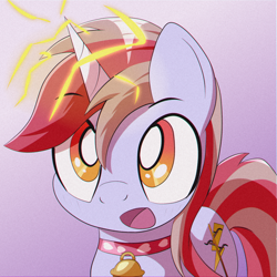 Size: 2000x2000 | Tagged: safe, artist:trackheadtherobopony, derpibooru import, oc, oc only, oc:cinnamon lightning, unicorn, bell, bell collar, collar, electricity, gradient background, solo, surprised