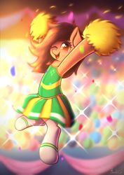 Size: 2894x4093 | Tagged: safe, artist:harukiicat, derpibooru import, oc, oc:robertapuddin, earth pony, pony, cheerleader, cheerleader outfit, clothes, jumping, one eye closed, pom pom, smiling, socks