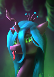 Size: 1941x2741 | Tagged: safe, artist:harukiicat, derpibooru import, queen chrysalis, changeling, changeling queen, pony, buggo, fangs, female, looking at you, solo, tongue, tongue out