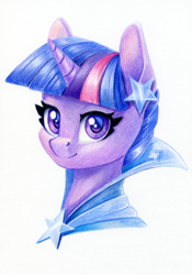 Size: 838x1200 | Tagged: safe, artist:maytee, derpibooru import, twilight sparkle, pony, unicorn, bust, clothes, colored pencil drawing, commission, dress, ear piercing, earring, female, gala dress, jewelry, mare, piercing, portrait, simple background, smiling, solo, traditional art, white background