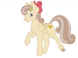 Size: 1600x1200 | Tagged: safe, artist:skipperh, derpibooru import, oc, oc only, oc:peach blossom, pegasus, pony, bow, flower, flower in hair, folded wings, full body, hair bow, simple background, solo, white background, wings