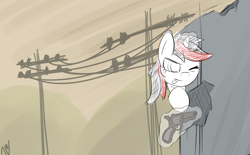 Size: 1600x990 | Tagged: safe, artist:nyrikiri, derpibooru import, oc, oc:blackjack, unicorn, fallout equestria, fallout equestria: project horizons, aiming, female, gun, mare, power line, solo, wasteland, weapon