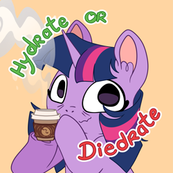 Size: 3319x3319 | Tagged: safe, artist:cutepencilcase, derpibooru import, twilight sparkle, pony, bags under eyes, coffee, dishevelled, drink, ear fluff, ears, hoof hold, meme, simple background, solo, wavy mouth