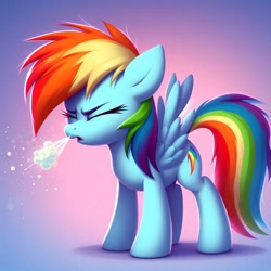 Size: 894x894 | Tagged: safe, ai content, derpibooru import, generator:bing image creator, machine learning generated, rainbow dash, pegasus, comic, cute, eyes closed, gradient background, minimalist, mucus, prompter:evergreenpinewood, sneeze cloud, sneezing, snot, spit, spread wings, wings
