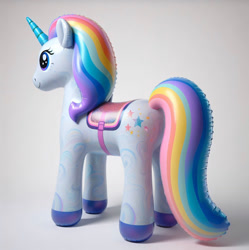 Size: 1343x1348 | Tagged: safe, ai content, derpibooru import, machine learning generated, inflatable pony, pony, unicorn, inflatable, saddle, tack