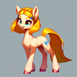 Size: 3072x3072 | Tagged: safe, ai content, derpibooru import, generator:purplesmart.ai, generator:stable diffusion, machine learning generated, earth pony, pony, female, full body, gray background, hooves, mare, open mouth, ponified, princess zelda, simple background, solo, species swap, the legend of zelda