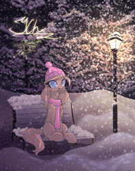 Size: 2942x3710 | Tagged: safe, artist:jsunlight, derpibooru import, oc, oc only, earth pony, pony, bench, commission, snow, snowfall, solo, streetlight, your character here