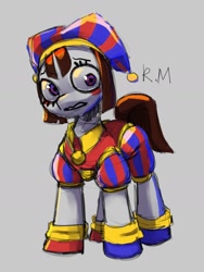 Size: 1299x1724 | Tagged: safe, artist:sugarpersonlove, derpibooru import, earth pony, pony, female, gray background, hat, jester, jester hat, mare, pomni, ponified, simple background, solo, species swap, the amazing digital circus