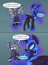 Size: 2653x3573 | Tagged: safe, artist:moonatik, derpibooru import, nightmare moon, oc, oc:selenite, alicorn, bat pony, pony, 2 panel comic, abstract background, alternate timeline, bat pony oc, boots, clothes, comic, dialogue, eyeshadow, female, flying, gloves, hair bun, helmet, hoof shoes, makeup, mare, military pony, military uniform, new lunar millennium, nightmare takeover timeline, peytral, princess shoes, shoes, spread wings, tail, tail bun, uniform, wings