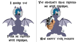 Size: 6000x3300 | Tagged: safe, artist:zakypo, derpibooru import, oc, oc only, oc:elizabat stormfeather, alicorn, bat pony, bat pony alicorn, pony, 2 panel comic, alicorn oc, bat pony oc, bat wings, comic, commission, female, gun, hand, handgun, horn, i lied, looking at you, lying, mare, meme, pistol, simple background, sitting, solo, suddenly hands, threat, transparent background, weapon, wings, ych result