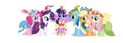 Size: 1280x446 | Tagged: safe, artist:sibillo, derpibooru import, applejack, fluttershy, pinkie pie, rainbow dash, rarity, twilight sparkle, twilight sparkle (alicorn), alicorn, g4, magical mystery cure, big crown thingy, clothes, coronation dress, dress, element of magic, floral head wreath, flower, hat, jewelry, mane six, regalia, simple background, spread wings, transparent background, vector, wings