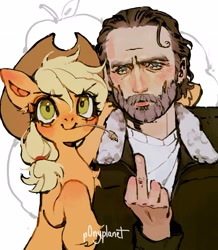 Size: 1784x2048 | Tagged: safe, artist:p0nyplanet, derpibooru import, applejack, earth pony, human, pony, g4, crossover, duo, female, hoof around neck, human male, looking at you, male, mare, middle finger, rick grimes, signature, simple background, smiling, smiling at you, straw in mouth, the walking dead, vulgar, white background