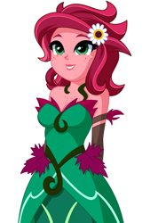 Size: 1016x1499 | Tagged: safe, artist:rosemile mulberry, derpibooru import, part of a set, gaea everfree, gloriosa daisy, human, equestria girls, legend of everfree, alternate hairstyle, arm behind back, bare shoulders, breasts, cleavage, clothes, costume, dress, female, flower, flower in hair, freckles, leaf, shoulder freckles, simple background, sleeveless, smiling, solo, strapless, updated design, vine, white background