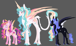 Size: 2048x1263 | Tagged: safe, artist:spaceboycelebration, derpibooru import, princess cadance, princess celestia, princess luna, alicorn, pegasus, pony, g4, alternate design, alternate hairstyle, alternate universe, aunt and niece, blank eyes, but fluff, chest fluff, colored hooves, colored horn, colored pupils, colored wings, colored wingtips, concave belly, curved horn, female, gray background, height difference, horn, large wings, leg fluff, leonine tail, long legs, mare, open mouth, pale belly, pegasus cadance, redesign, siblings, simple background, sisters, slim, smiling, sparkly mane, sparkly tail, spread wings, standing, tail, tall, thin, trio, wings