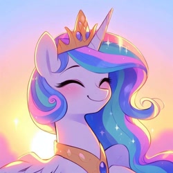 Size: 1024x1024 | Tagged: safe, ai content, derpibooru import, generator:dall-e 3, machine learning generated, princess celestia, alicorn, pony, g4, blushing, crown, cute, cutelestia, female, jewelry, mare, prompter:k.r.e.d.k.e, regalia, smiling, solo, weapons-grade cute