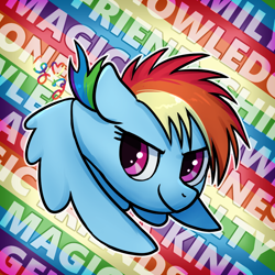 Size: 1000x1000 | Tagged: safe, artist:brella, derpibooru import, rainbow dash, g4, female, filly, filly rainbow dash, foal, solo, text, younger