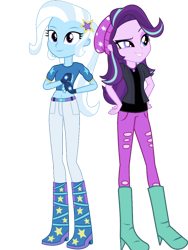 Size: 828x1104 | Tagged: safe, artist:cutler1228, derpibooru import, starlight glimmer, trixie, equestria girls, g4, boots, clothes, denim, duo, high heel boots, jeans, pants, shirt, shoes, simple background, transparent background